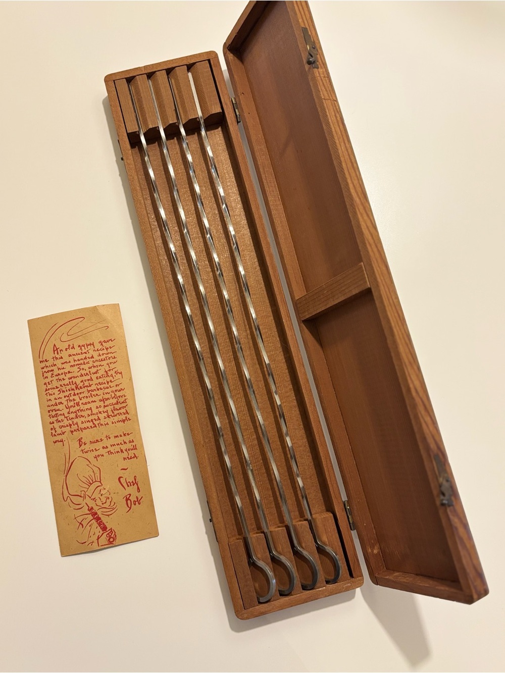 Vintage California Redwood ShishโKebab Skewer Set w/ Chef Bob Recipe Notes